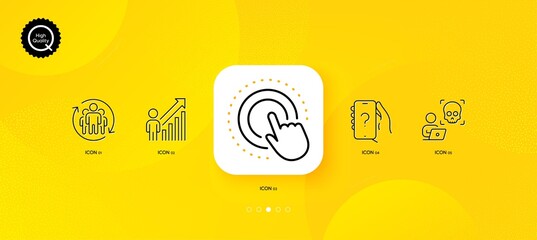 Fototapeta na wymiar Ask question, Teamwork and Employee result minimal line icons. Yellow abstract background. Click hand, Cyber attack icons. For web, application, printing. Vector
