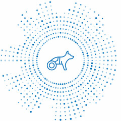 Blue line Paralyzed dog in wheelchair icon isolated on white background. Abstract circle random dots. Vector