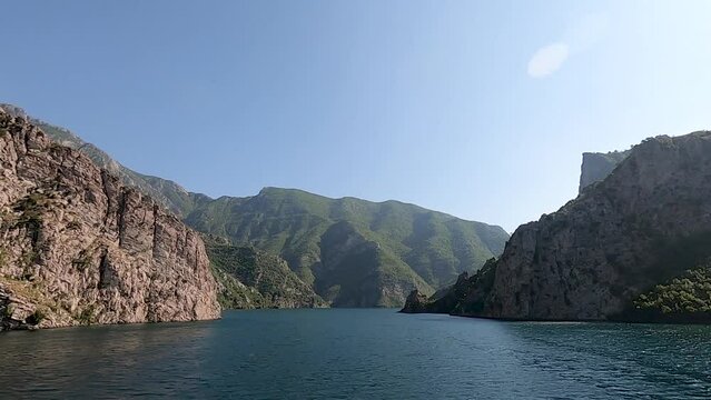 Mountains and water in Lake Koman, Albania.