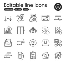 Set of Technology outline icons. Contains icons as Drag drop, Star rating and Food delivery elements. Approved mail, Browser window, Outsource work web signs. Scroll down, Work home. Vector