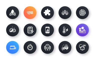 Minimal set of Idea, Time and Organic tested flat icons for web development. Education, Graph phone, Medical tablet icons. Covid test, Electricity power, Report checklist web elements. Vector