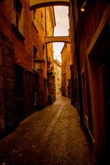 Fototapeta na wymiar Gloomy narrow long antique street with a stone path in europe. Beautiful old architecture.