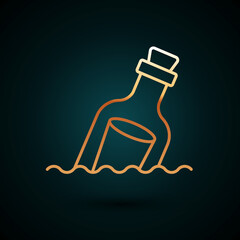Gold line Glass bottle with a message in water icon isolated on dark blue background. Letter in the bottle. Pirates symbol. Vector