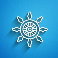 White line Ship steering wheel icon isolated on blue background. Long shadow. Vector