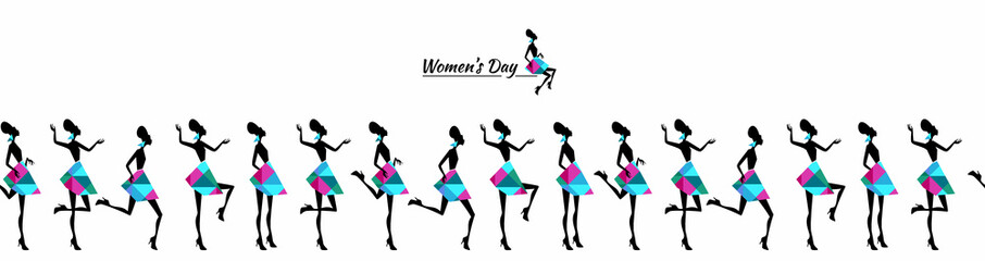 Seamless border, woman's day banner of colorful girl silhouettes in different poses. Set of Women stencils with crystals on white background. Vector illustration for card, logo, kids fashion, decor.