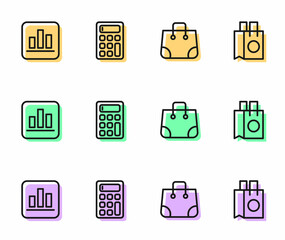 Set line Paper shopping bag, Pie chart infographic, Calculator and icon. Vector