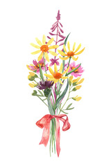 Bouquet of wild flowers decorated with red ribbon bow. Watercolor hand painted illustration isolated on white background. Yellow, pink and green meadow flowers. Beautiful floral arrangement.