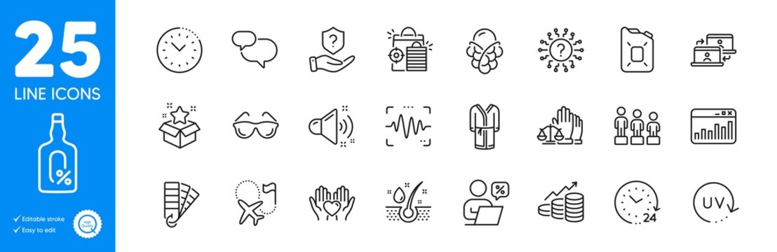 Outline icons set. 24 hours, Loud sound and Loyalty program icons. Bathrobe, Seo shopping, Ice cream web elements. Online discounts, Canister oil, Hold heart signs. Time management. Vector - Powered by Adobe