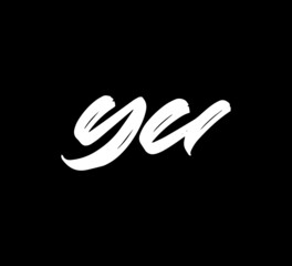 Fototapeta na wymiar White Vector Letters Logo Brush Handlettering Calligraphy Style In Black Background Initial yu