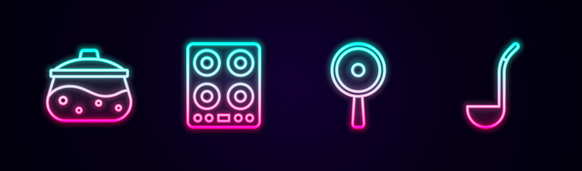 Set line Cooking pot, Gas stove, Frying pan and Kitchen ladle. Glowing neon icon. Vector