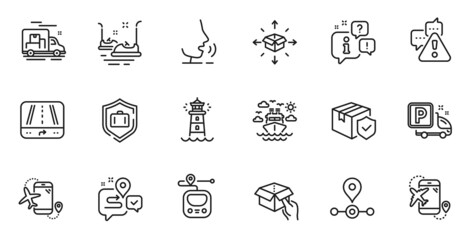 Outline set of Bumper cars, Station and Metro line icons for web application. Talk, information, delivery truck outline icon. Include Hold box, Truck parking, Flights application icons. Vector