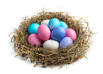 Bird's nest with colored Easter eggs isolated on a white background.