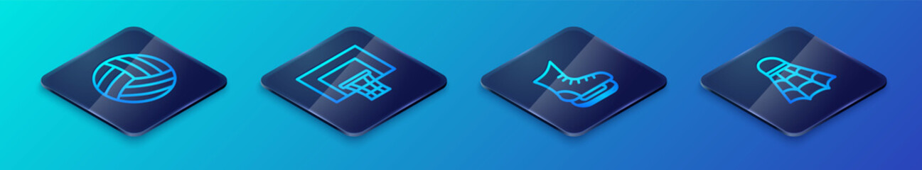Set Isometric line Skates, Volleyball ball, Badminton shuttlecock and Basketball backboard icon. Vector