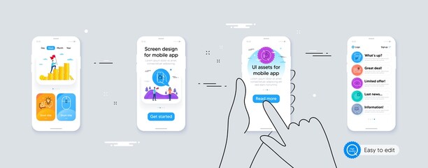 Set of Approved agreement, Idea and Smile face line icons. Phone ui interface. Include Approved, Targeting, Like app icons. Engineering documentation, Refresh like, Computer mouse web elements. Vector