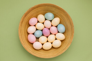 Dyed eggs in a bamboo bowl. easter eggs. holiday easter. 
