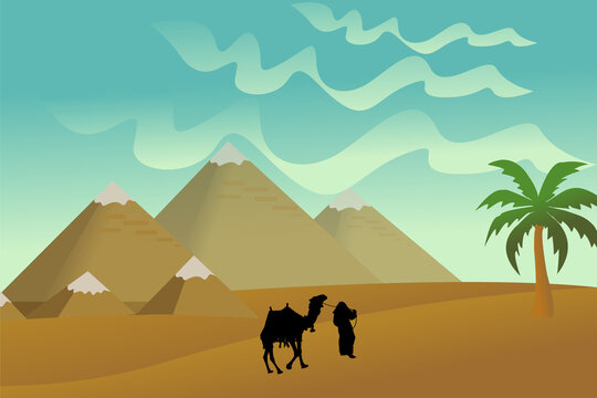 Somewhere in the desert, a wanderer got lost trying to find a way out and people. The illustration depicts pyramids, a palm tree and a man with a camel.