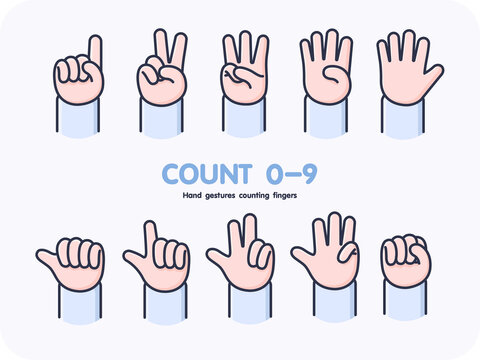 Hand gestures counting fingers 0-9, icon, vector design, isolated background.