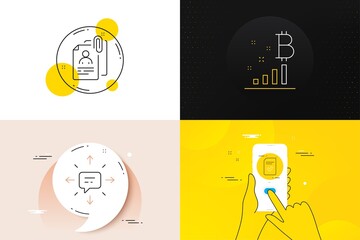 Minimal set of Checked file, Sms and Bitcoin graph line icons. Phone screen, Quote banners. Interview documents icons. For web development. Vector