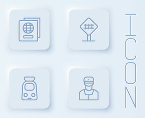 Set line Passport, Railroad crossing, Train and railway and conductor. White square button. Vector