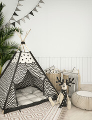 Wall mockup with children wigwam in the light interior 