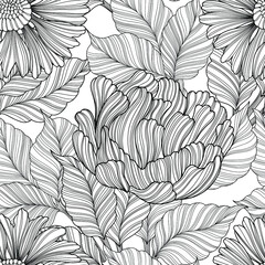 Pattern with flowers and leaves. Vector hand drawn