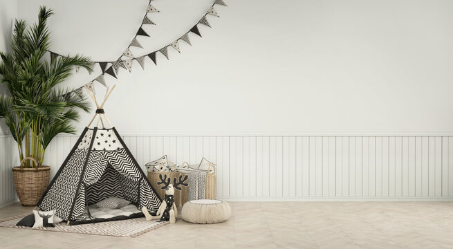 Wall mockup with children wigwam in the light interior 