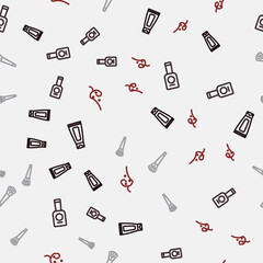 Set line Cream or lotion cosmetic tube, Bottle of nail polish, Makeup brush and Acne on seamless pattern. Vector