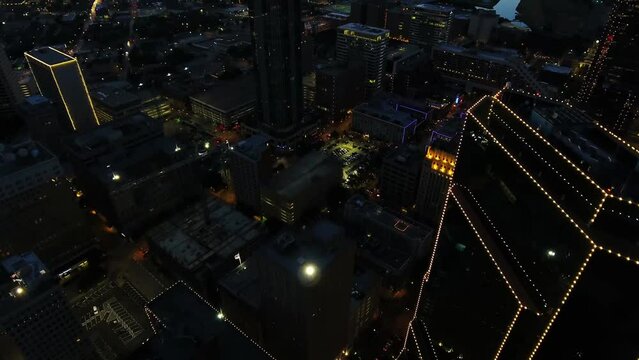 Fort Worth at Night, Aerial Flying, Downtown, City Lights, Texas