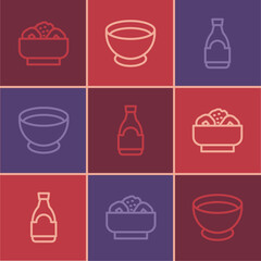 Set line Chow mein on plate, Soy sauce bottle and bowl icon. Vector