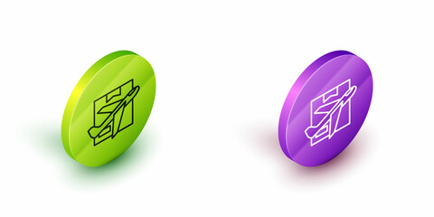 Isometric line Plane and cardboard box icon isolated on white background. Delivery, transportation. Cargo delivery by air. Airplane with parcels, boxes. Green and purple circle buttons. Vector