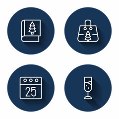Set line Christmas book, shopping bag, day calendar and Glass of champagne with long shadow. Blue circle button. Vector