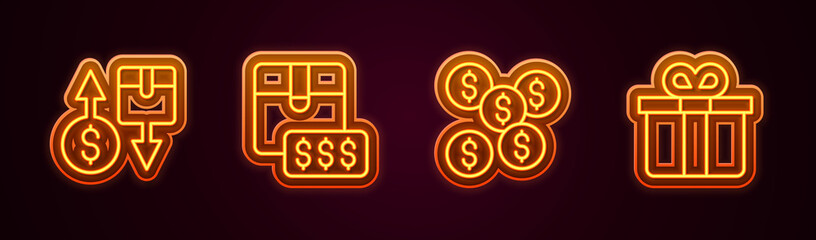 Set line Tax cardboard box, Item price tag with dollar, Dollar symbol and Gift. Glowing neon icon. Vector