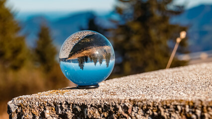 Crystal ball alpine landscape shot at the famous Rossfeld panorama road near Berchtesgaden, Bavaria, Germany