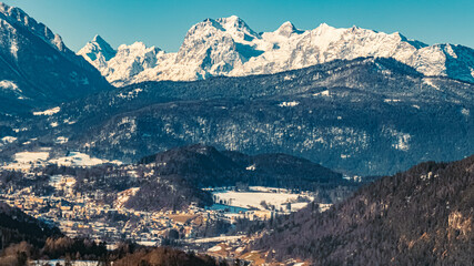 Beautiful winter view with the famous Reiteralpe mountains in the background near Berchtesgaden, Bavaria, Germany