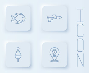 Set line Fish, Fishing harpoon, float and Location fishing. White square button. Vector