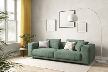 Light interior of living room with window, green sofa, floor lamp, frames and plants 