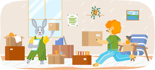 Wild and domestic animal moving to new house put things in cardboard boxes, change of place of residence. Moving to new home, relocation. Lion and hare settle down in apartment and decorate interior
