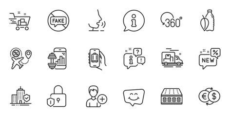 Outline set of Shopping cart, Water bottle and Money exchange line icons for web application. Talk, information, delivery truck outline icon. Vector