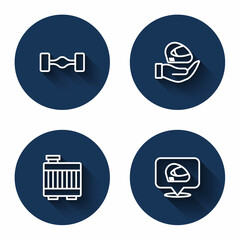 Set line Chassis car, Racing helmet, Car radiator cooling system and with long shadow. Blue circle button. Vector