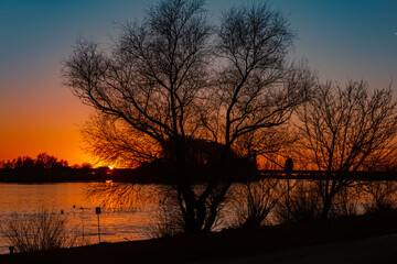 Beautiful sunset with reflections at Metten, Danube, Bavaria, Germany