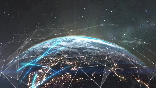 Night planet earth with communication lines. Visualization of the global social connections of the world network. Modern business and technology, information exchange concept. High quality 4k footage
