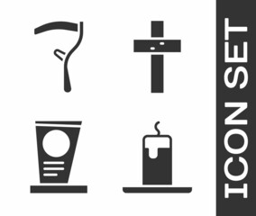 Set Burning candle, Scythe, Grave with tombstone and Christian cross icon. Vector