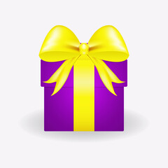 Purple gift box with a big yellow bow. 3 D. Vector illustration.