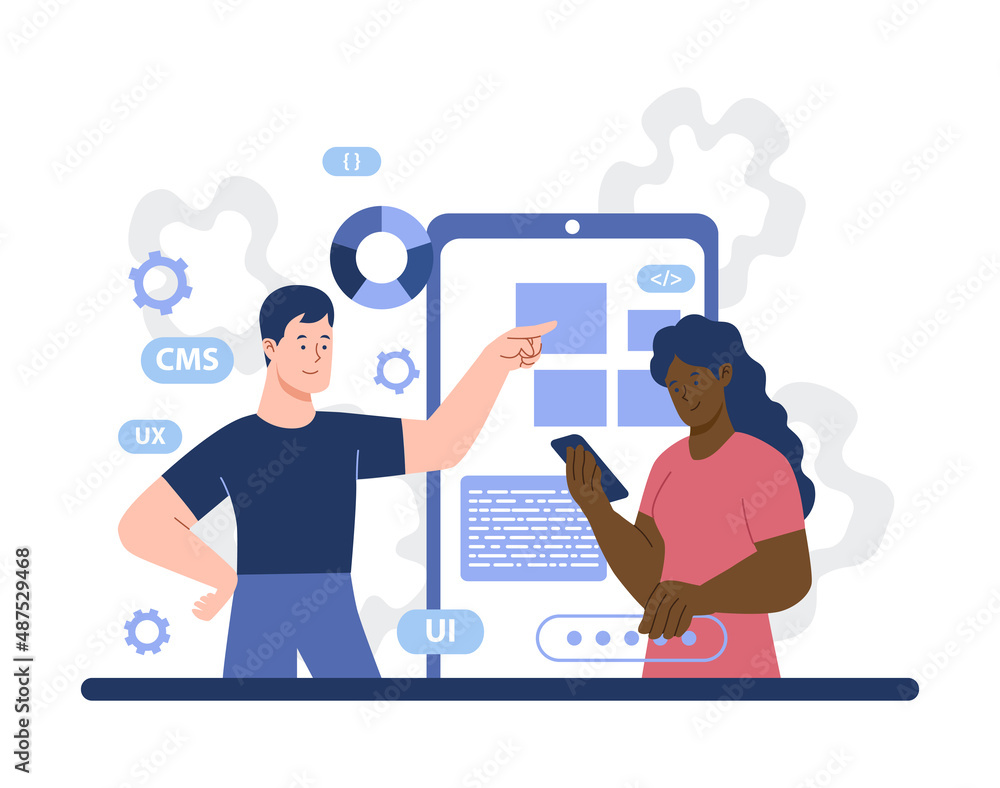 Poster design programming concept. man and girl analyzing phone app. designers create layout. modern techno