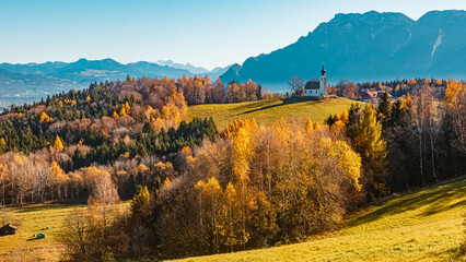 Naklejka premium Beautiful autumn or indian summer view at the famous Neubichler Alm, Piding, Bavaria, Germany