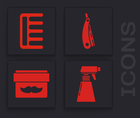 Set Hairdresser pistol spray bottle, Hairbrush, Straight razor and Cream or lotion cosmetic jar icon. Vector