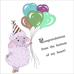 happy birthday card. Cute sheep with balloons in the idea of hearts. Greeting card for the holiday.