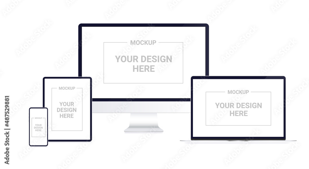 Aufkleber devices mockup on white background - realistic vector set of computer, laptop, desktop, tablet and s