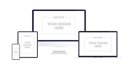 Devices mockup on white background - Realistic vector set of computer, laptop, desktop, tablet and smartphone with blank screens.