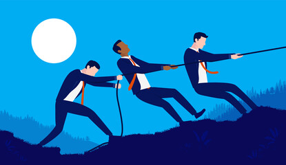 Team working hard - Persistent businesspeople working together on difficult task, pulling rope and collaborating. Vector illustration